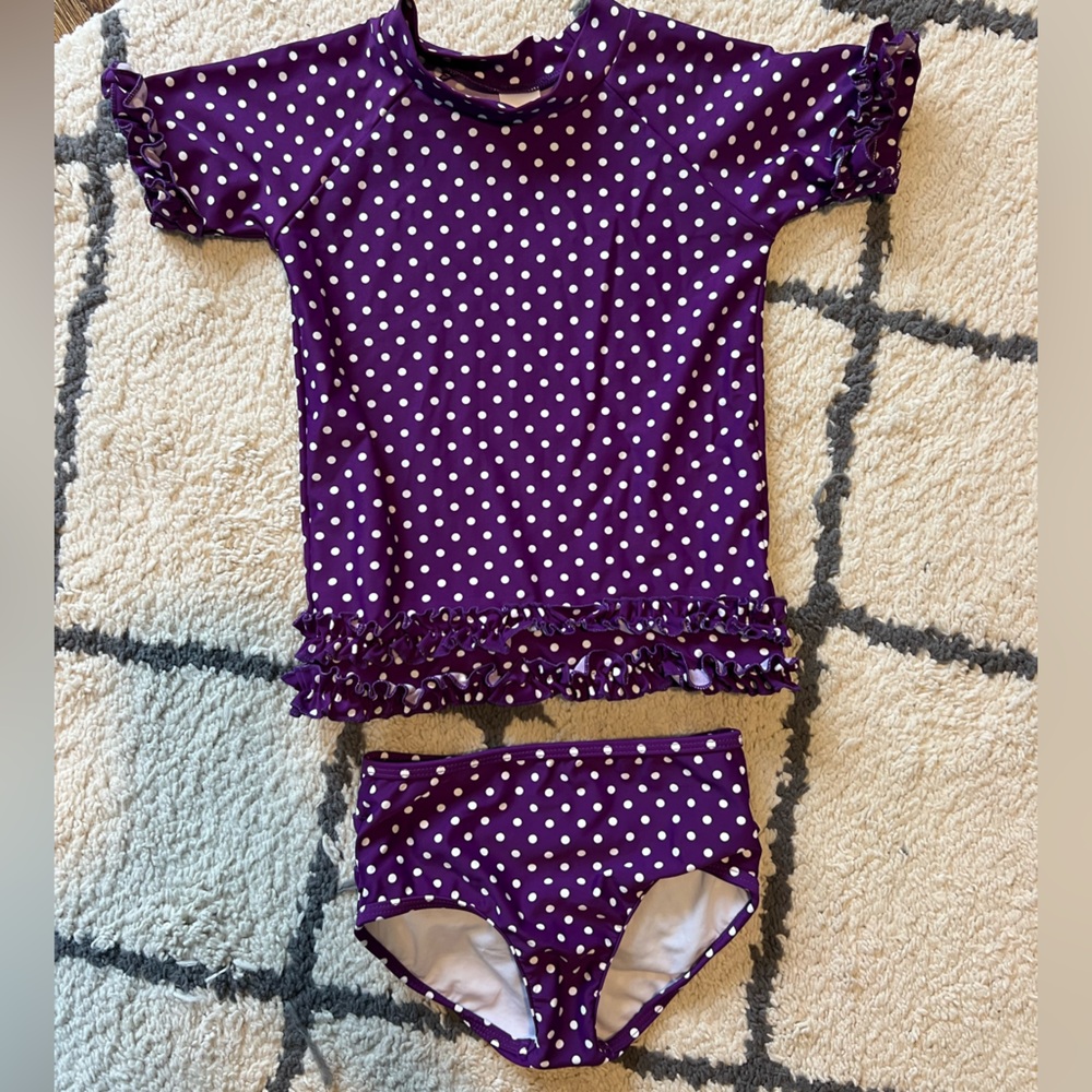 Kids Purple Polka Dot Ruffle Rash Guard Swim Set